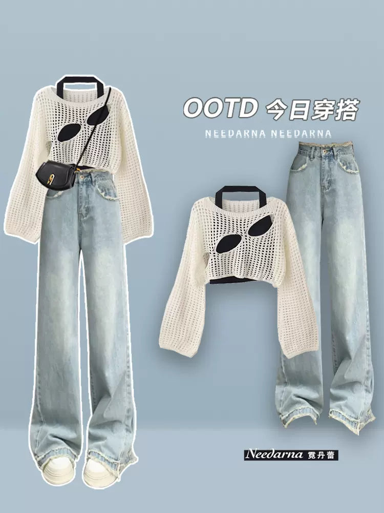 popular two-piece cold women's clothing high-end hot girl suit early autumn outfit with a whole set of jeans