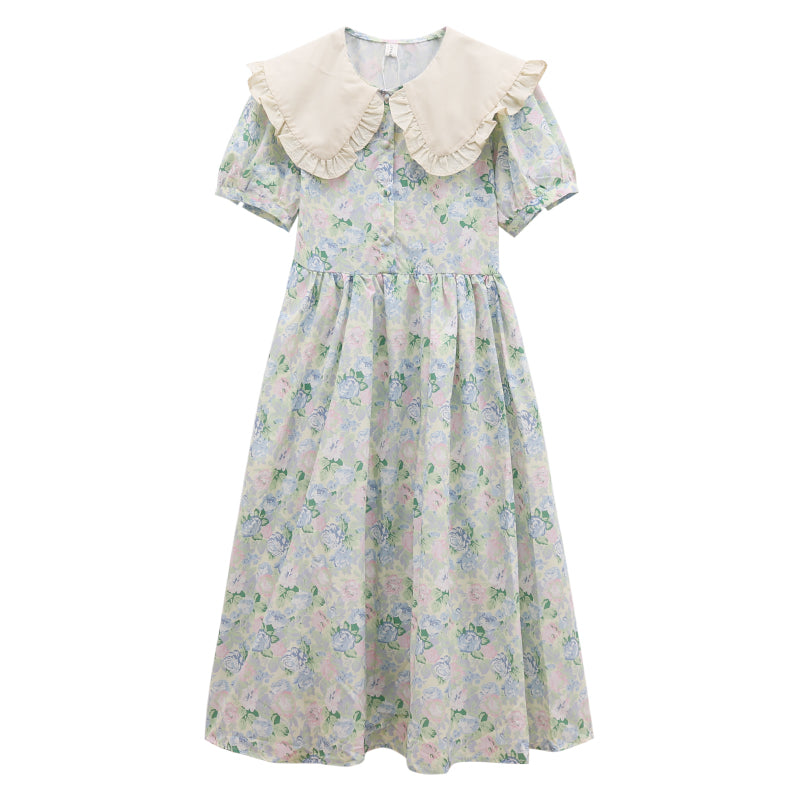 French Retro Floral Vintage Doll Collar Puff Sleeve Long Dress