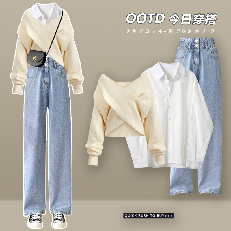 autumn clothes with a whole set of sweater casual fashion suit female 2023 fried street fashion three-piece suit