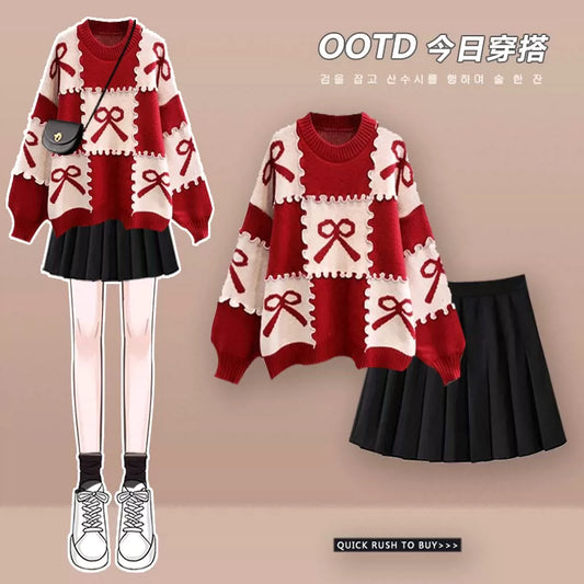 pleated skirt suit women autumn and winter 2023 new year Christmas red sweater with skirt two-piece set