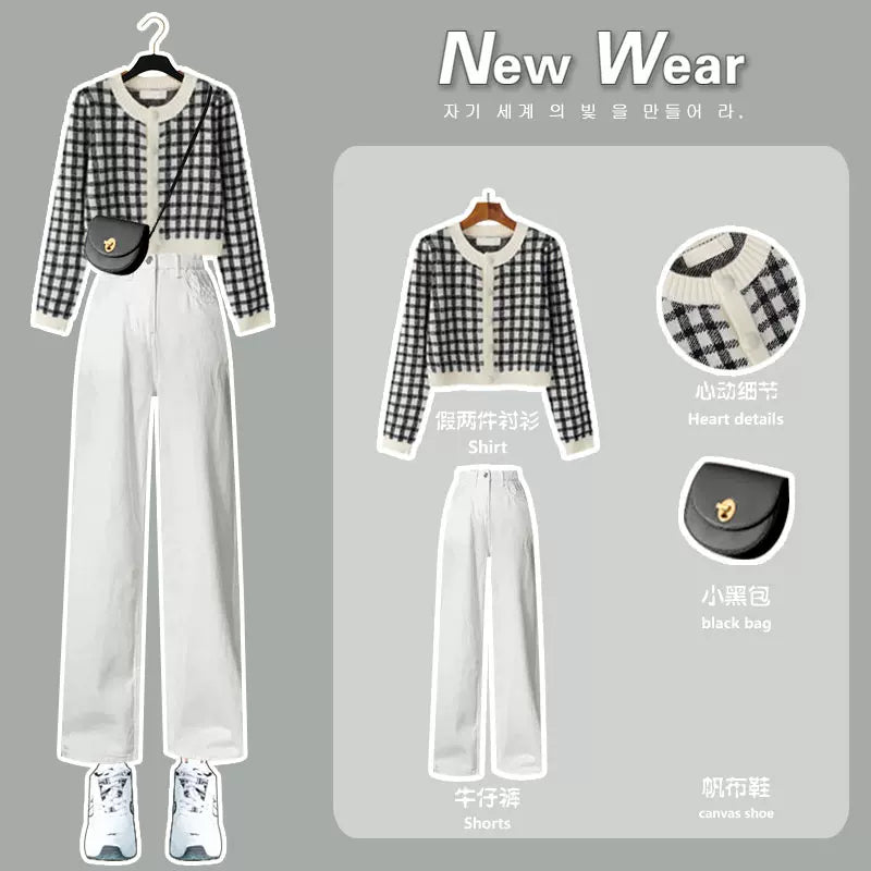 autumn and winter with high jeans suit 2023 new knitted sweater cardigan two-piece western style