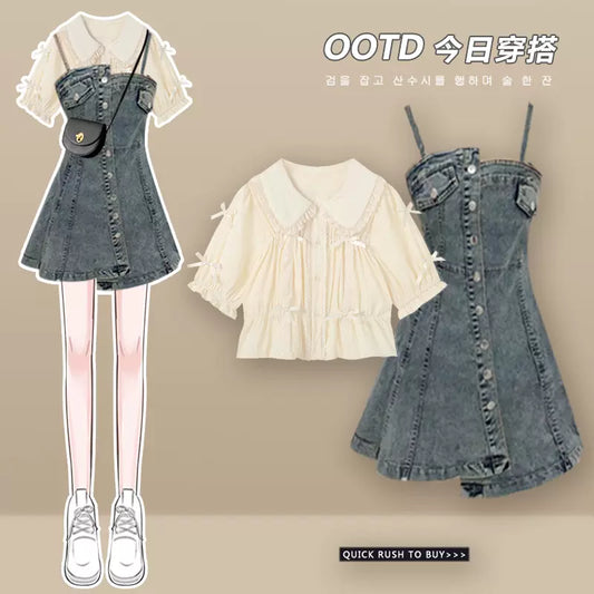 Summer dress strap denim suspender dress sweet shirt 2023 fairy forest series small suit skirt two pieces