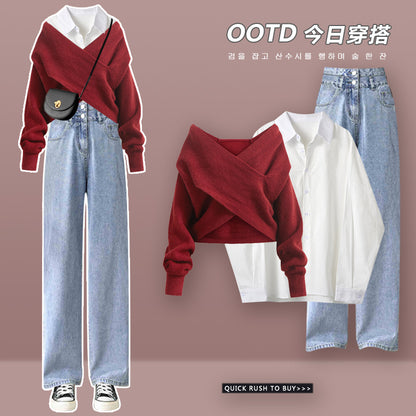 autumn clothes with a whole set of sweater casual fashion suit female 2023 fried street fashion three-piece suit