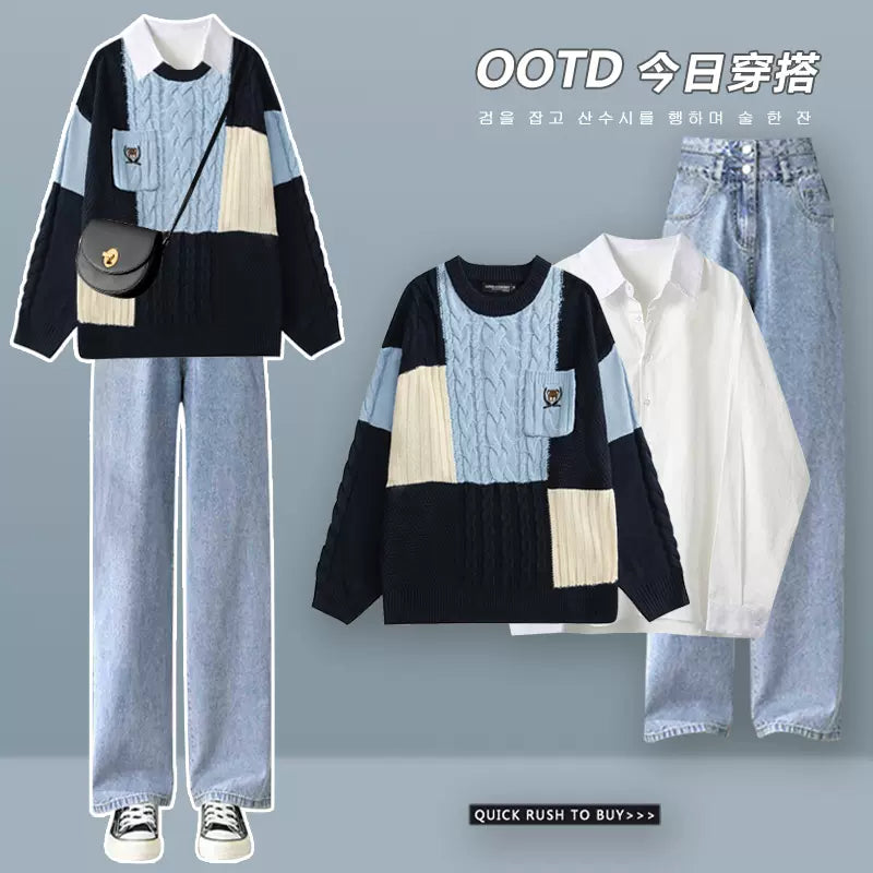 winter clothes with a complete set of Japanese retro lazy style sweater suit women's 2023 fashion jeans three-piece set