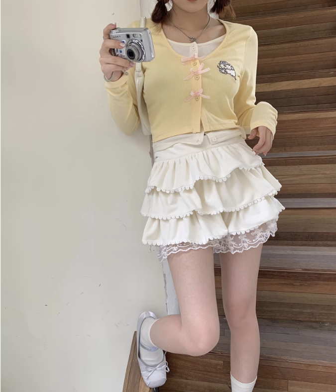 Embroidered Bow Fake Two-piece Yellow Pink Long-sleeved T-shirt