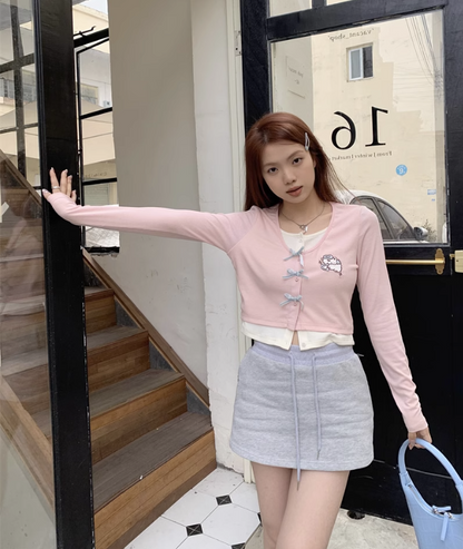 Embroidered Bow Fake Two-piece Yellow Pink Long-sleeved T-shirt