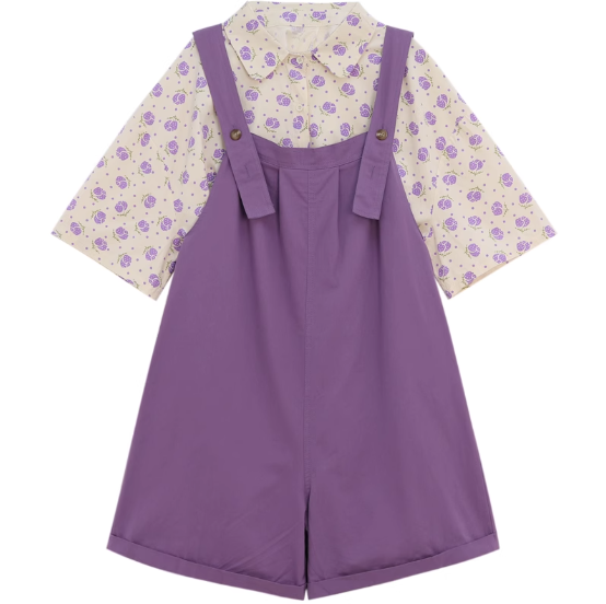 Trendy Purple Flower Overall Short Cute Shirts Set Comes With Top and Pant