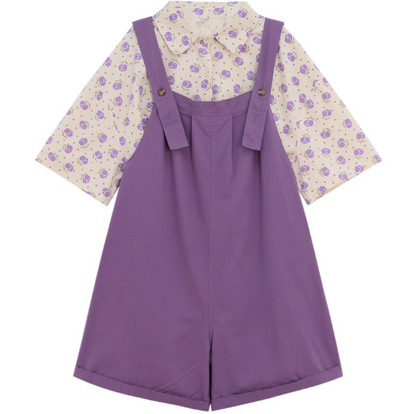 Trendy Purple Flower Overall Short Cute Shirts Set Comes With Top and Pant