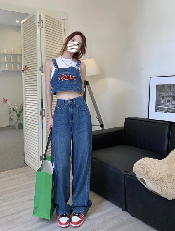 Sweet Cool Denim Suit Set High Waist Wide Leg Trousers Fashion Two-piece Suit