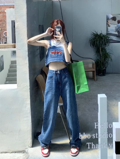 Sweet Cool Denim Suit Set High Waist Wide Leg Trousers Fashion Two-piece Suit