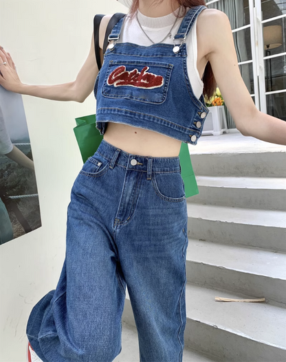 Sweet Cool Denim Suit Set High Waist Wide Leg Trousers Fashion Two-piece Suit