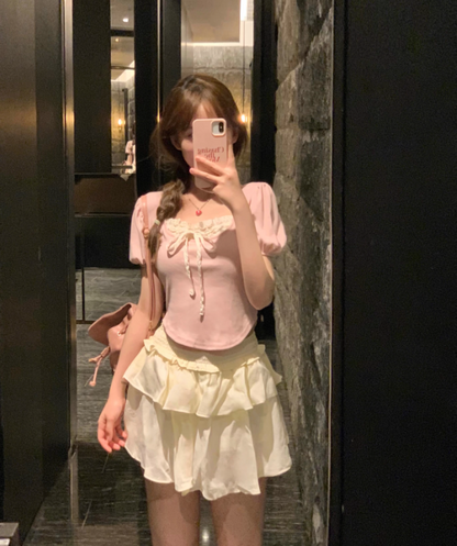 Stitching Wood Ear Bowknot Short-sleeved T-shirt with Skirt Set