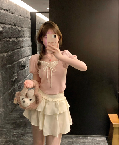 Stitching Wood Ear Bowknot Short-sleeved T-shirt with Skirt Set