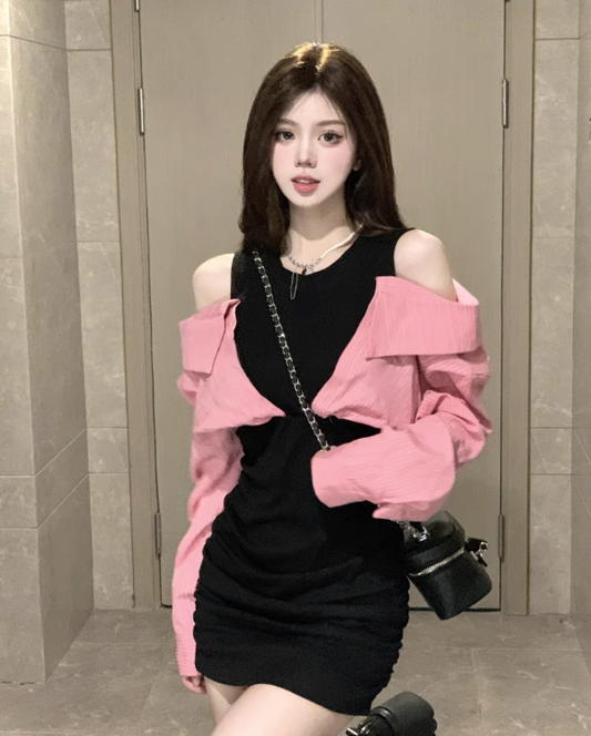 Black Pink Fake Two-piece Long-sleeved Dress Off-shoulder Short Skirt Tide