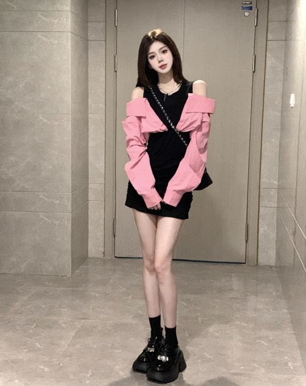 Black Pink Fake Two-piece Long-sleeved Dress Off-shoulder Short Skirt Tide