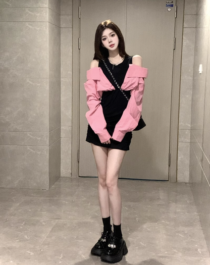 Black Pink Fake Two-piece Long-sleeved Dress Off-shoulder Short Skirt Tide