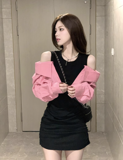 Black Pink Fake Two-piece Long-sleeved Dress Off-shoulder Short Skirt Tide