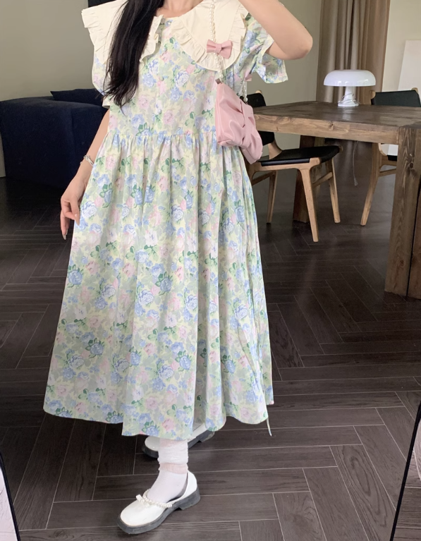 French Retro Floral Vintage Doll Collar Puff Sleeve Long Dress