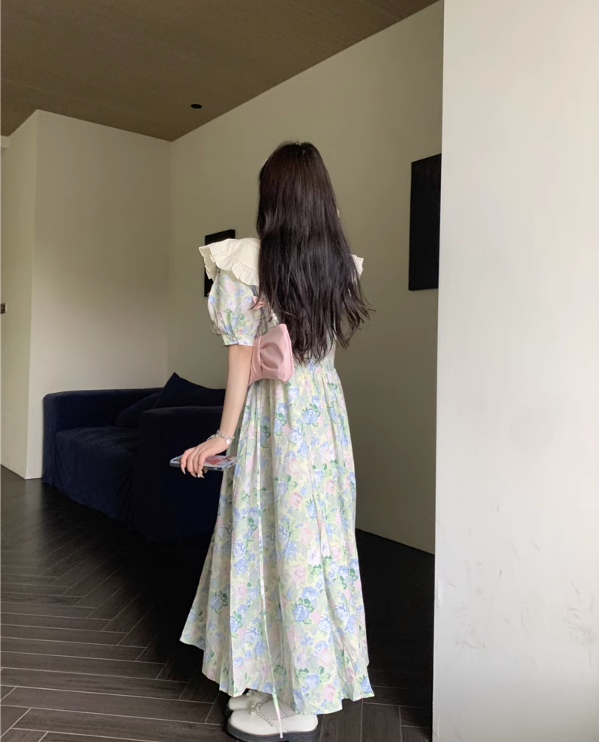 French Retro Floral Vintage Doll Collar Puff Sleeve Long Dress