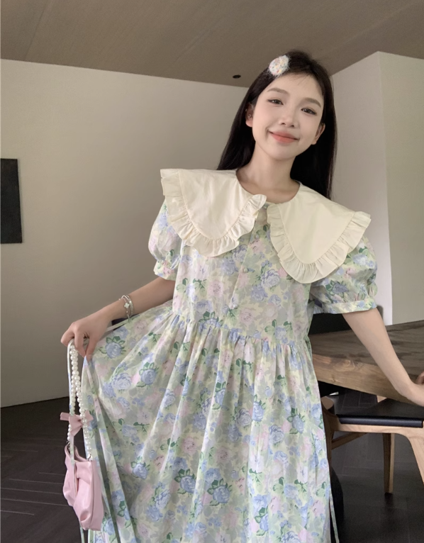 French Retro Floral Vintage Doll Collar Puff Sleeve Long Dress