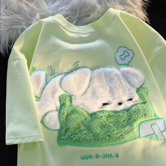 green flocking puppy cotton short-sleeved t-shirt female design sense niche top loose summer couple