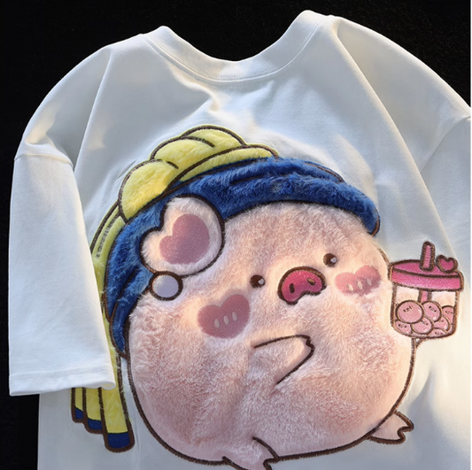 little sweet pig pure cotton short-sleeved t-shirt female design sense niche top loose oversize cute sweet summer