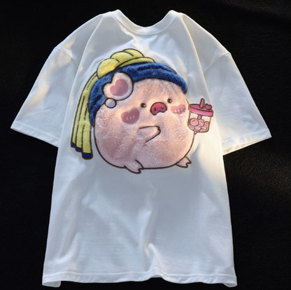 little sweet pig pure cotton short-sleeved t-shirt female design sense niche top loose oversize cute sweet summer