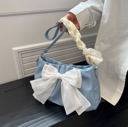 Cute fairy casual small blue bag female 2022 new trendy niche design fashion bowknot pleated one shoulder underarm bag