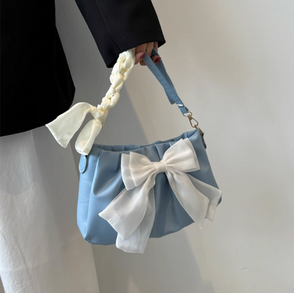 Cute fairy casual small blue bag female 2022 new trendy niche design fashion bowknot pleated one shoulder underarm bag