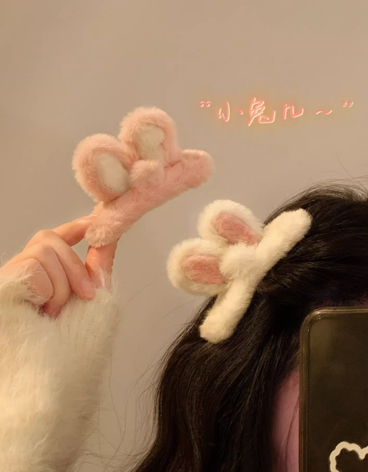 2 Pieces Pink White Cute Rabbit Ears Hair Clip Female Furry Liu Hai Broken Hair Side Clip Hair Card Headdress Clip