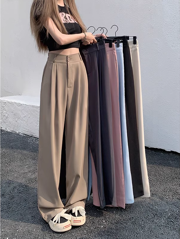 Solid color elastic high waist casual suit pants women's summer