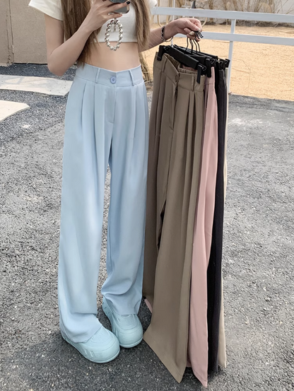 Solid color elastic high waist casual suit pants women's summer