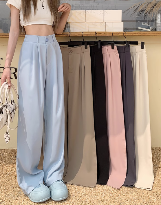 Solid color elastic high waist casual suit pants women's summer