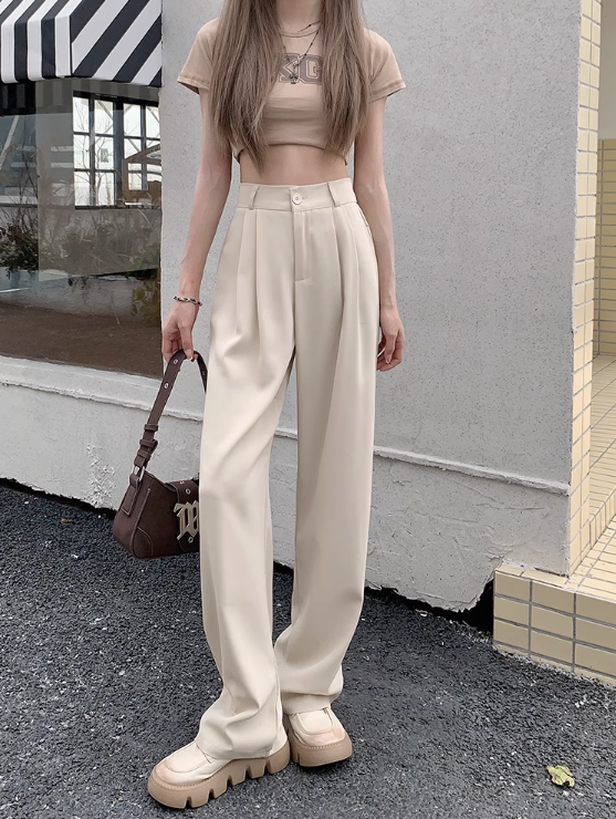 Solid color elastic high waist casual suit pants women's summer