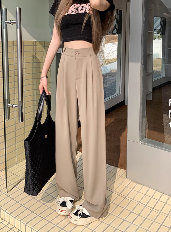 Solid color elastic high waist casual suit pants women's summer