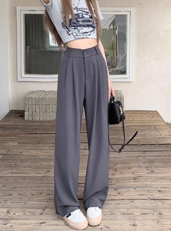 Solid color elastic high waist casual suit pants women's summer