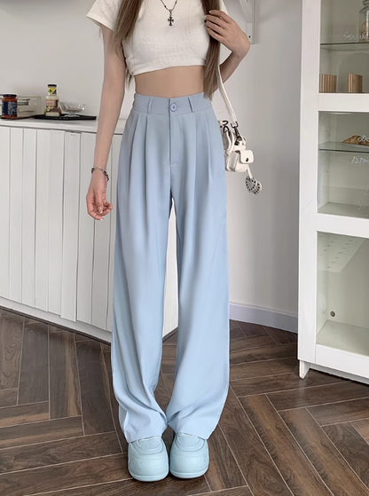 Solid color elastic high waist casual suit pants women's summer