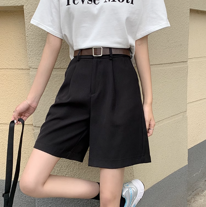 Suit shorts women's autumn straight Hong Kong style thin five-point pants loose drape high waist wide-leg casual pants trendy