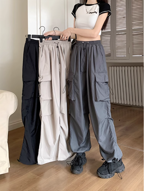 American style quick-drying workwear casual pants women's summer 2023 new sunscreen thin section high waist drawstring wide-leg sports pants