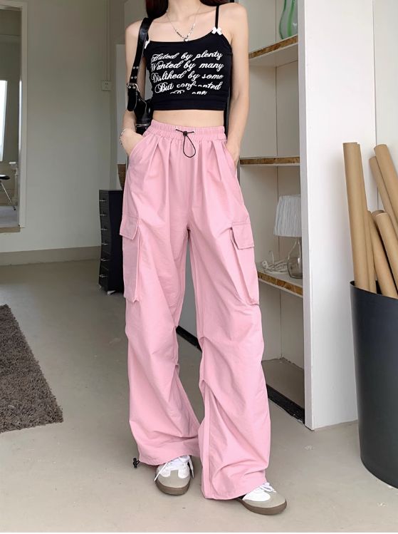 American style quick-drying workwear casual pants women's summer 2023 new sunscreen thin section high waist drawstring wide-leg sports pants