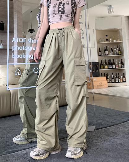 American style quick-drying workwear casual pants women's summer 2023 new sunscreen thin section high waist drawstring wide-leg sports pants