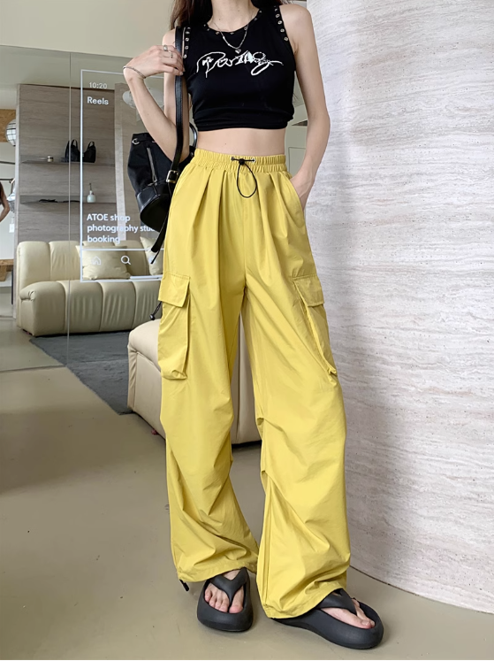 American style quick-drying workwear casual pants women's summer 2023 new sunscreen thin section high waist drawstring wide-leg sports pants