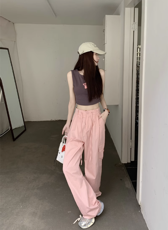 Pink/Green tooling thin section loose slim high waist casual pants women's summer 2023 new drawstring feet all-match pants