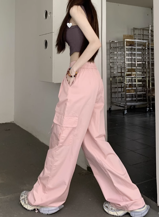 Pink/Green tooling thin section loose slim high waist casual pants women's summer 2023 new drawstring feet all-match pants