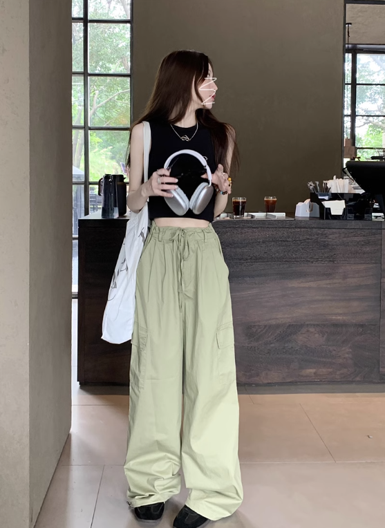 Pink/Green tooling thin section loose slim high waist casual pants women's summer 2023 new drawstring feet all-match pants