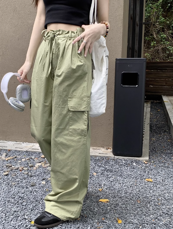 Pink/Green tooling thin section loose slim high waist casual pants women's summer 2023 new drawstring feet all-match pants