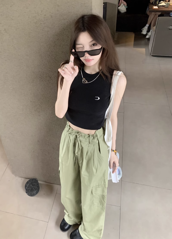 Pink/Green tooling thin section loose slim high waist casual pants women's summer 2023 new drawstring feet all-match pants