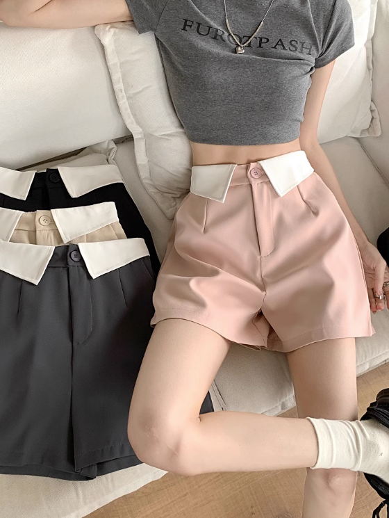 Flip one button high waist suit casual pants women's summer 2023 new wide-leg slim pink all-match short pants