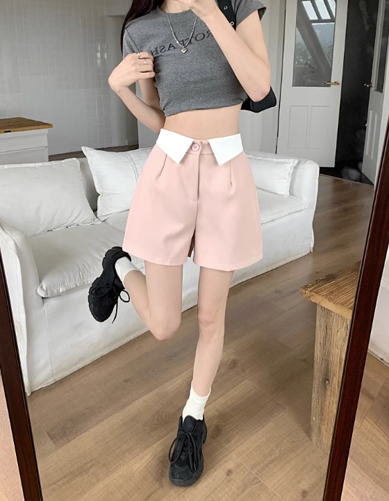 Flip one button high waist suit casual pants women's summer 2023 new wide-leg slim pink all-match short pants