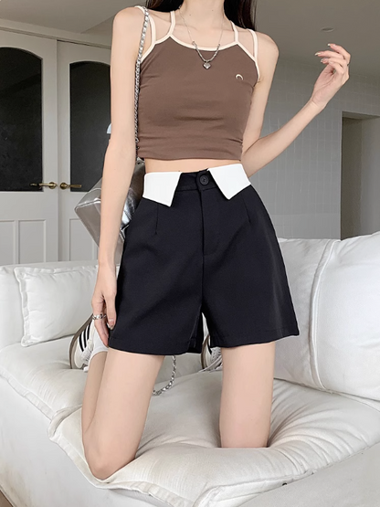 Flip one button high waist suit casual pants women's summer 2023 new wide-leg slim pink all-match short pants